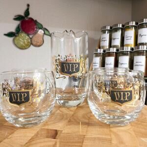 Vintage Mid Century Modern VIP Gold Crest Martini Pitcher & Glasses
